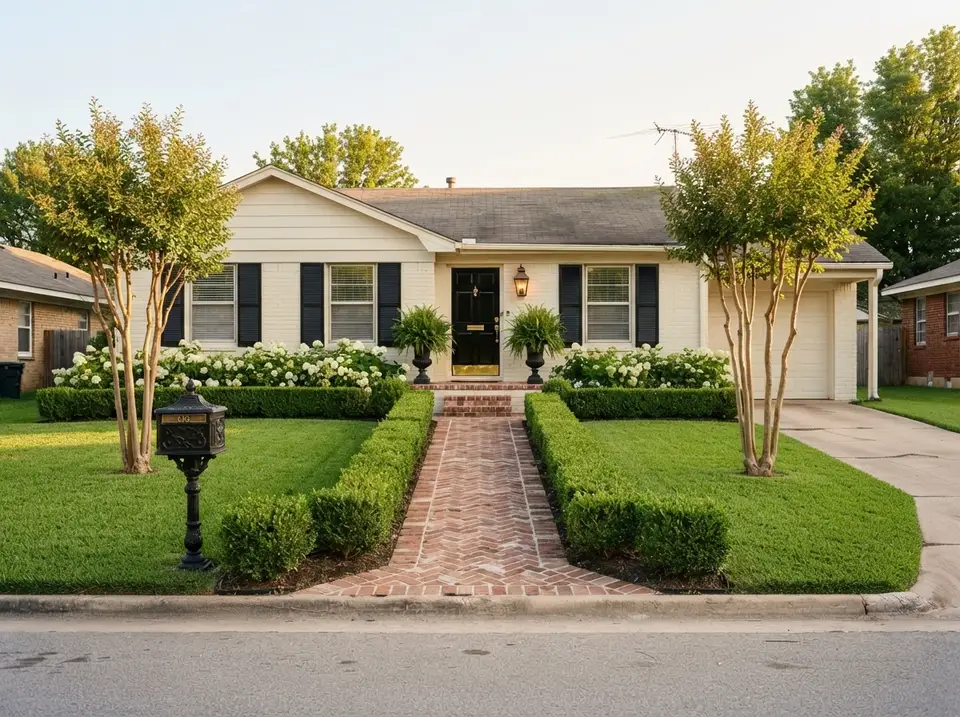 Front yard landscaping ideas on a 1970s brick ranch: Southern traditional style with a herringbone brick walk, clipped boxwood, white hydrangeas, crepe myrtles and a black front door