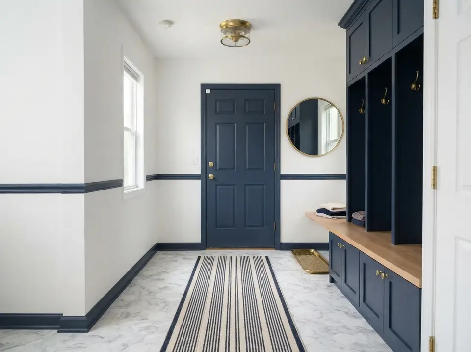 Back hall remodeled as a navy mudroom with open lockers, brass hooks, a white oak bench top, a round brass mirror and marble-look tile, seen from the kitchen toward the garage door